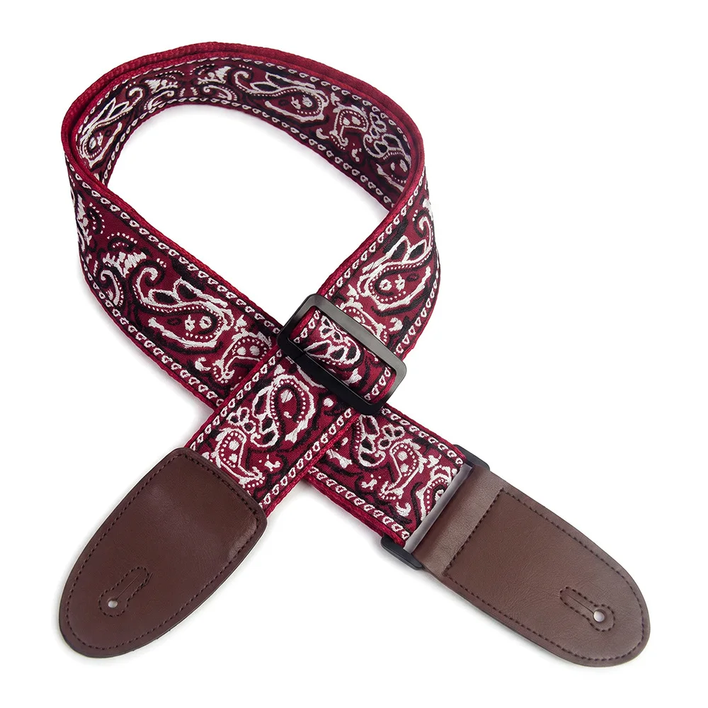 Brown Leather Burgundy Bohemian Embroidered Guitar Strap Thickened Widened Adjustable For Acoustic Electric Guitar Bass