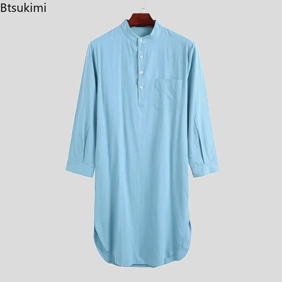 New 2024 Men's Fashion Muslim Robes Dress Solid Cotton Long Sleeve Leisure Soft Homewear O Neck Nightgown Mens Bathrobes Caftan