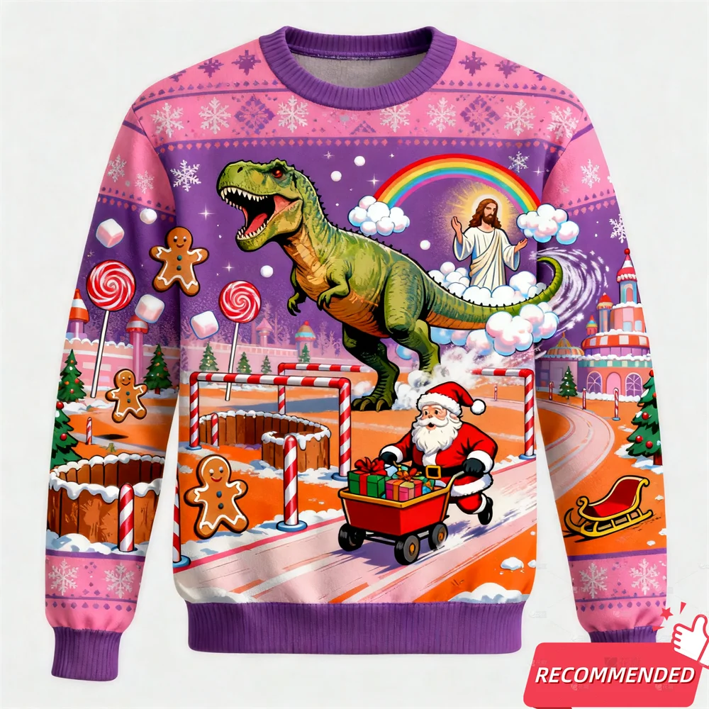 Christmas Sweatshirt For Men Dinosaur Tyrannosaurus Rex Jesus Ugly Sweater Fashion Unisex Streetwear Xmas Santa Tracksuit Tops