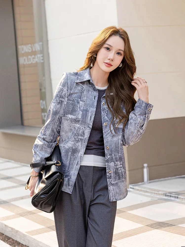 

Simple Printed Genuine Leather Shirt Jacket for Women Spring Autumn 2026 New High-end Streetwear Casual Soft Real Sheepskin Coat