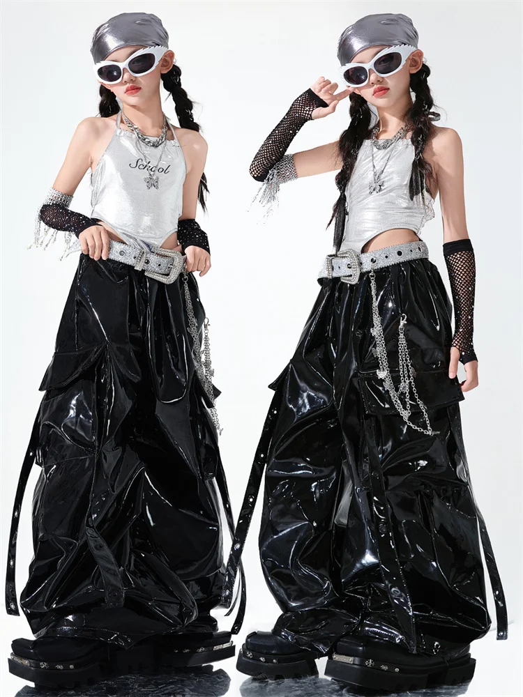 ملابس رقص الجاز الفتيات الفضة المنشعب القمم السراويل الجلدية السوداء الهيب هوب أداء ارتداء الحفل المنصة المرحلة البدلة