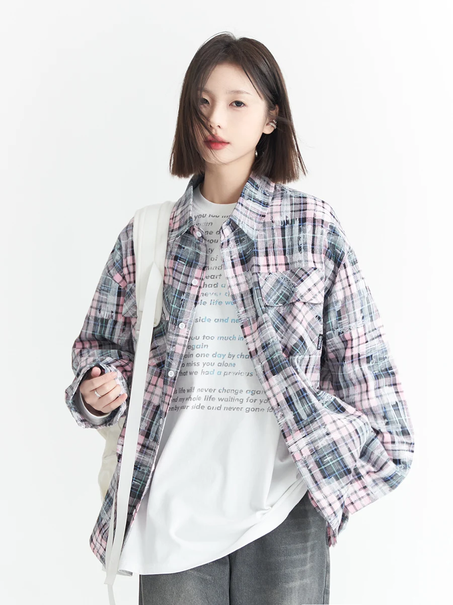 Shirts Women Ulzzang Fashion Leisure Baggy Prevalent Hipster Aesthetic Long Sleeve Plaid Buttons Pocket Turn Down Collar OL Tops