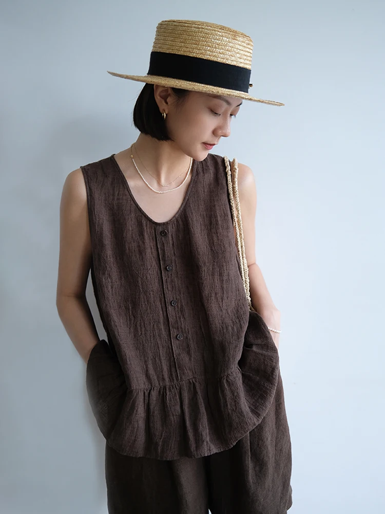 Linen Texture Sleeveless Top Bottoms Set Women's Summer Fashion Casual Vest Short Pants Two-Piece Suit round Neck Overhead