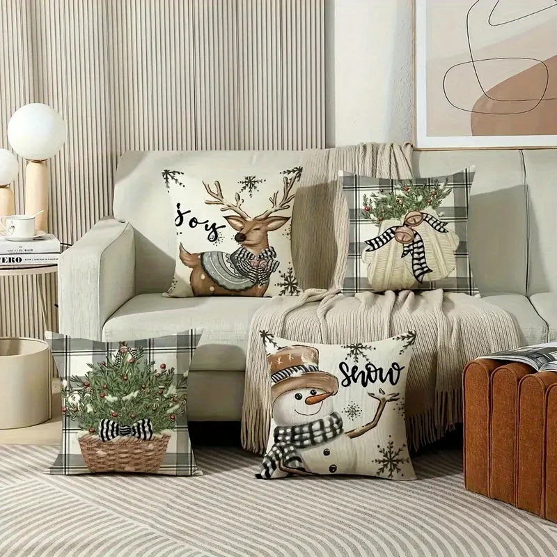 Modern Christmas Tree Santa Pattern Linen Pillowcase, Hand-Painted Print, Easy To Clean, Suitable for Sofa, Home Decoration