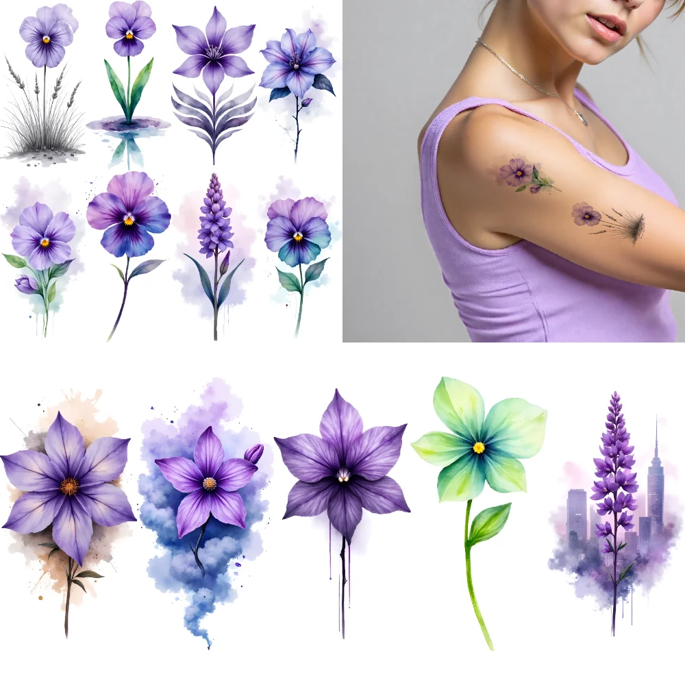 9pcs Temporary Tattoo Watercolor Tattoos Watercolor Floral Tattoos Purple Flower Designs Temporary Tattoo Stickers For Arms