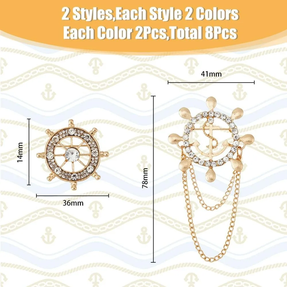 8Pcs 2 Style 2 Color Anchor Nautical Brooch Crystal Rhinestone Safety Pin Sailor Style Label Pin Steering