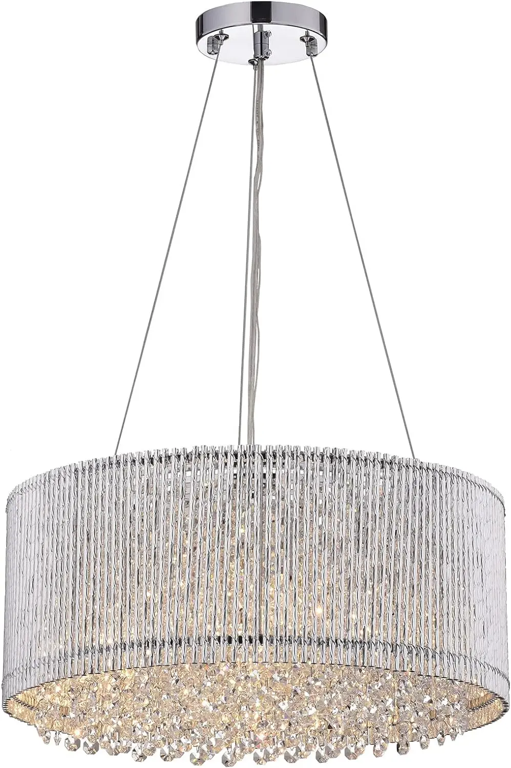 

Drum Crystal Chandelier Chrome Tube Round Drum Shade, Pendant Light Chandelier with Hanging Crystals, Glam Lighting