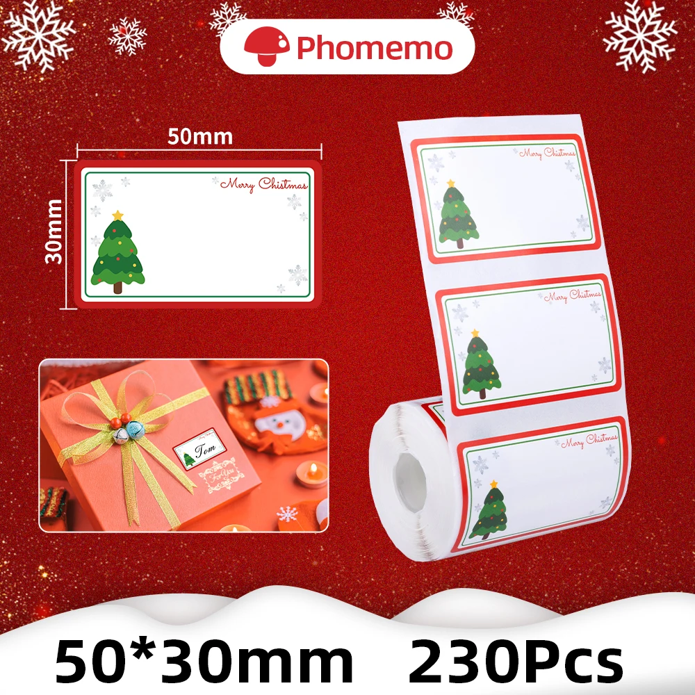 Phomemo Merry Christmas Gift Self-Adhesive Labels Paper for Phomemo M110 M220 Label Printer Thermal Sticker Printable Paper Roll