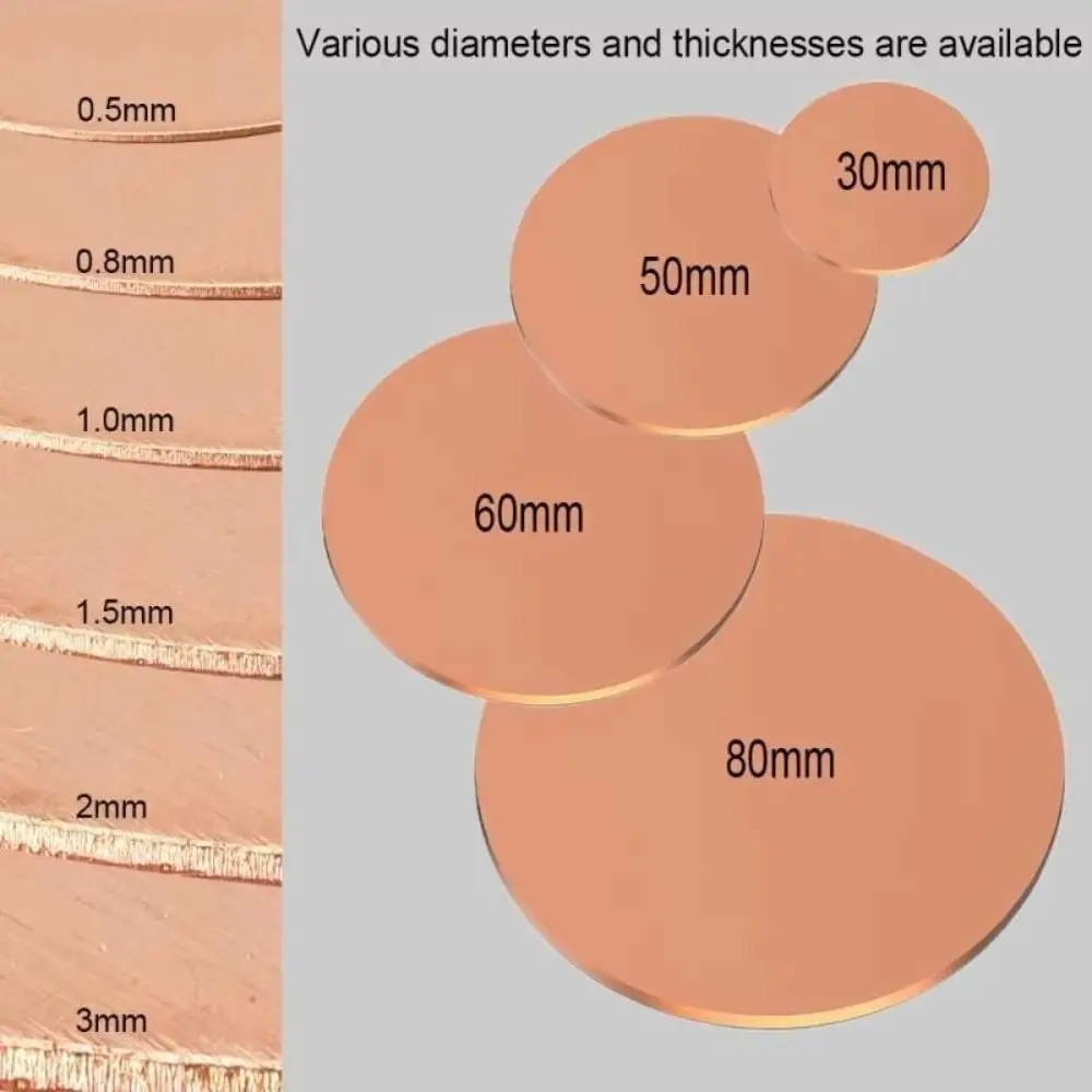 T2 Copper Disc Diameter 30mm 50mm 60mm 80mm Pure Copper Round Plate Circular Sheet Thickness 0.5mm 0.8mm 1mm 1.5mm 2mm 3mm