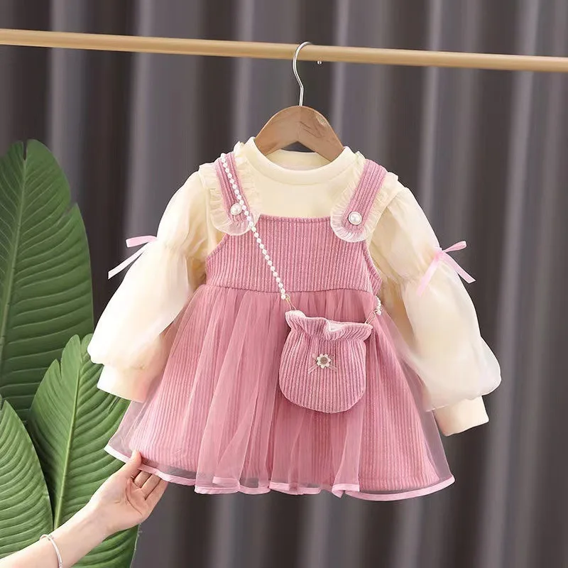 Girls Basic Simple Fashion Bubble Sleeve Cute Bow Suspenders Skirt Two Sets To Send Diagonal Bag