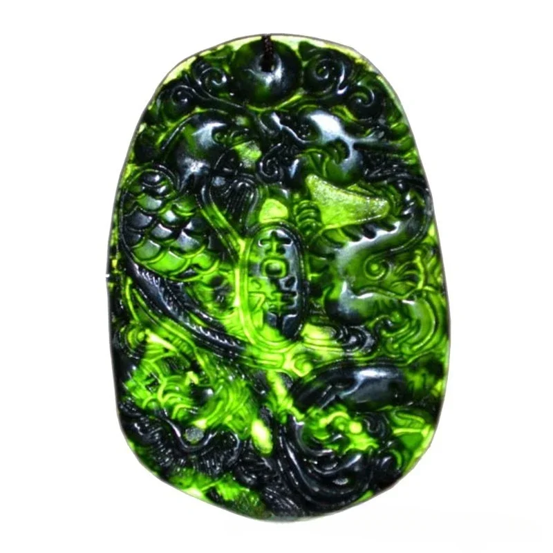 Natural Auspicious Dragon and Phoenix Pendant Black and Green Jade Pendant Dark Green Jade Dragon and Phoenix