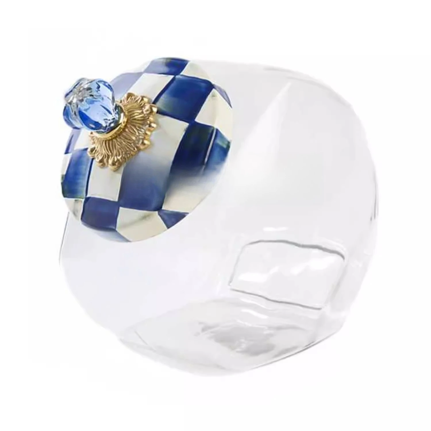 Classic blue and white checkered hand-painted enamel biscuit sealed storage jar