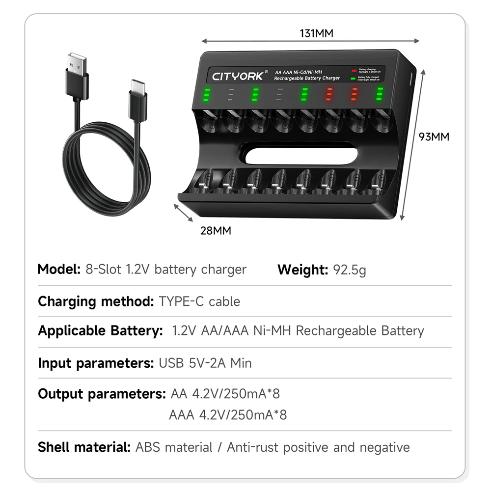 Cityork-充電式バッテリーインジケーター充電器,8スロットLCDディスプレイ,USB-C, NI-MHAA,aaa,1.2v,高速スマート充電