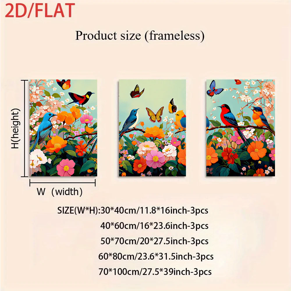 3PCS Large-sized frameless canvas paintings,1 set of frameless 2D decorative paintings featuring flowers, birds, and butterflies