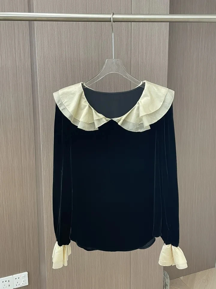 2024 new women fashion long sleeve sexy casual doll collar stitching velvet top