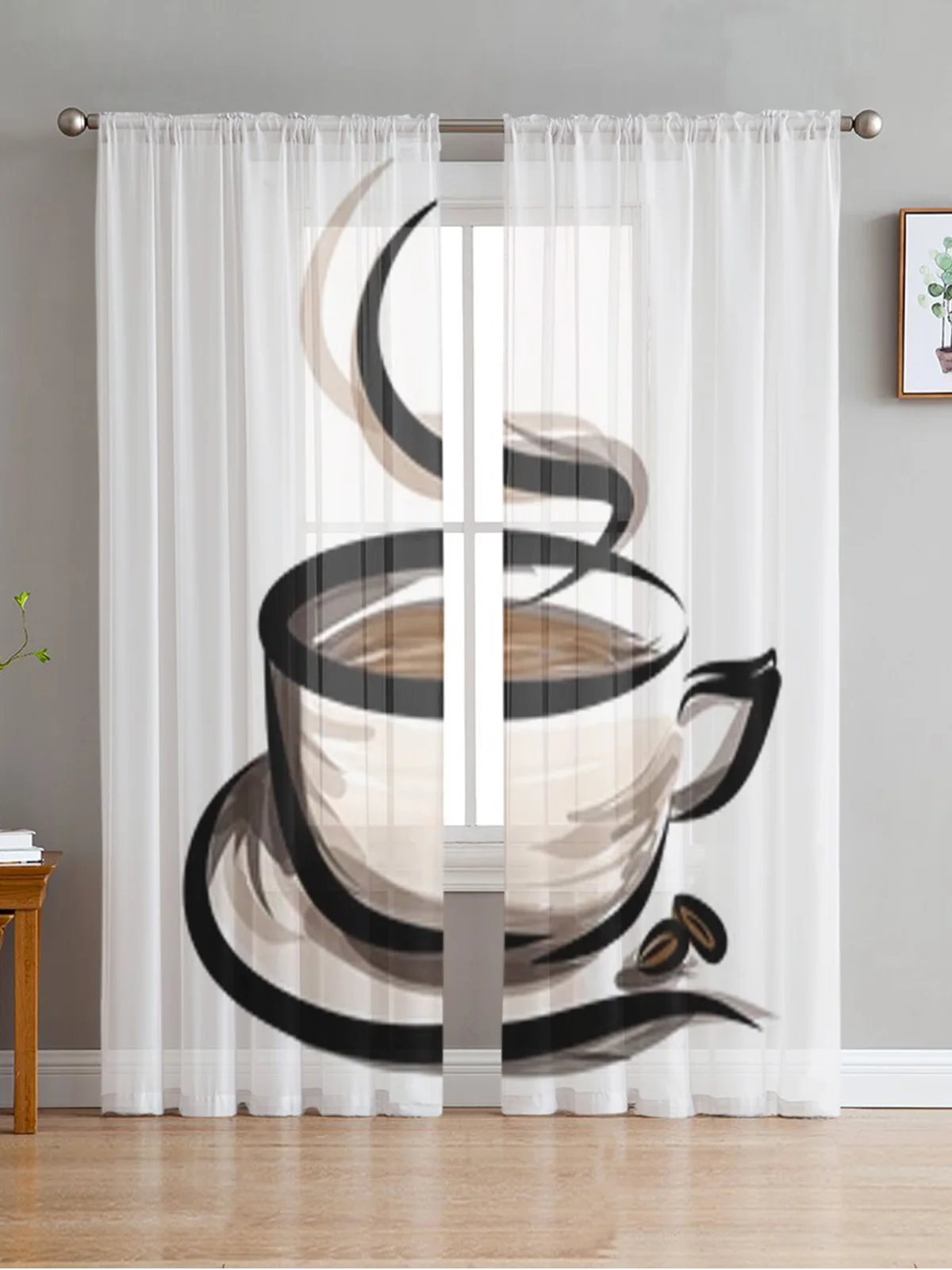 Coffee Illustration Chiffon Sheer Curtains For Living Room Bedroom Decor Kitchen Window Voiles Tulle Curtain