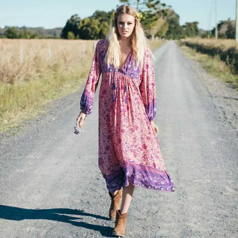 Super sloh růžová květinová bohémský styl dlouhé šaty ženy dlouhé rukáv rayon podzim šaty tassle v-neck boho šaty