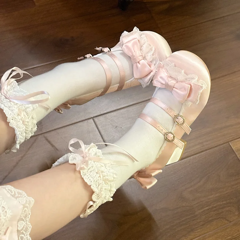 Redondo frey salto médio cetim bonito japonês cabeça redonda sapatos japonês doce menina chá festa lolita sapatos