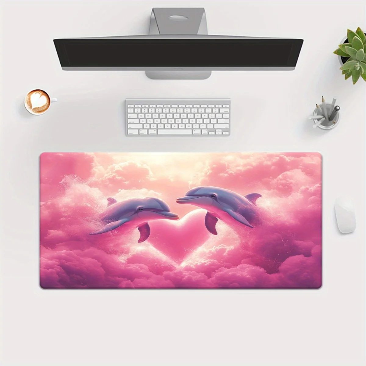

Коврик для мыши с нескользящим резиновым основанием XXL — «Причудливые дельфины в розовых облаках и сердечном дизайне», большой коврик для игрового и офисного стола, многофункциональный