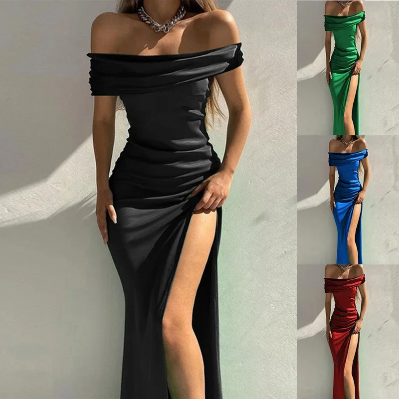 Frauen Satin langes Kleid einfarbig schulter frei träger loses Kleid sexy Split Maxi Abend party Sommer