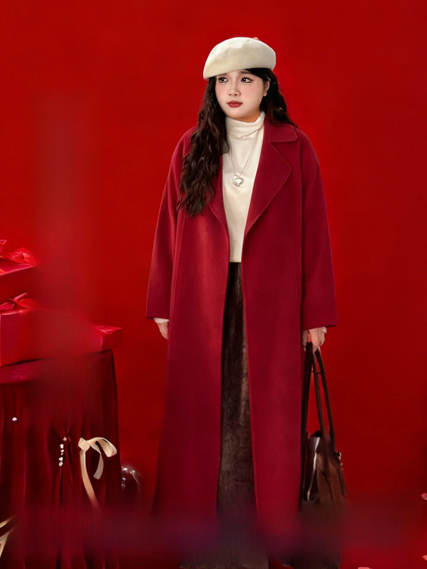 

High-End Woolen Coat Double-Sided Long Red Woolen Jacket 100 Wool Turn-down Collar Casual Commute Style High Waist Pants