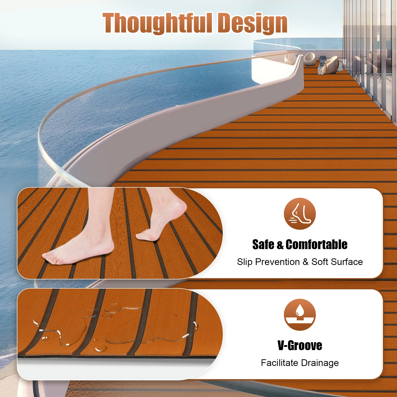 

Eva Non-Slip Mat 269x89 cm Brown with Black Stripes Eva Foam Moistureproof Anti-slip Mat for Boat Decks, Rv, Yachts