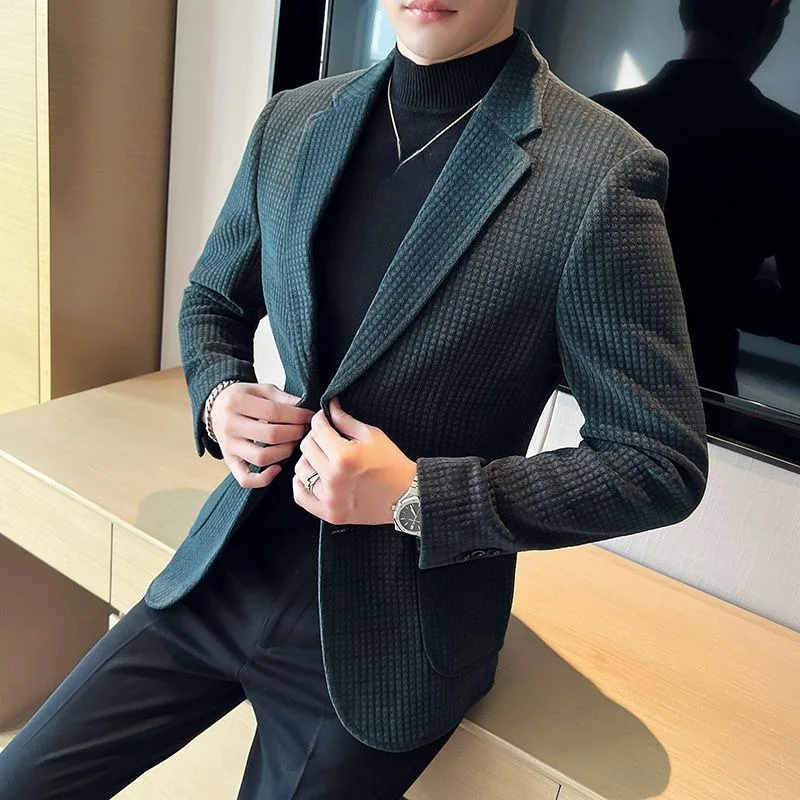 

New Waffle Suit Flat Collar Jacket Men Autumn Winter Coat Korean Version Slim Business Outwear Casual One-piece Suit Formal Suit