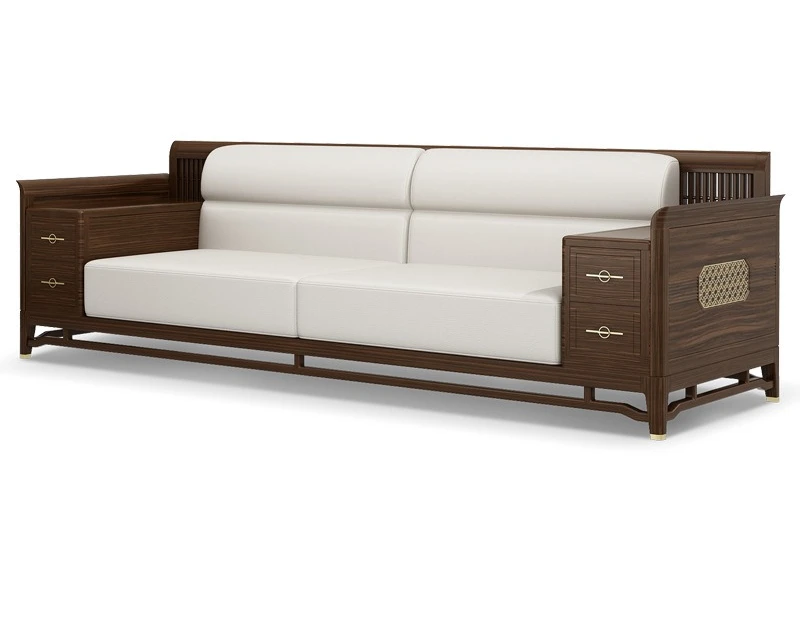 

New Chinese-style all-solid wood leather sofa, combined furniture design with drawers