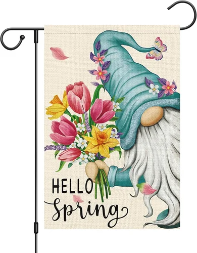 Hello Spring Gnome Garden Flag 12x18 Double Sided Burlap Butterfly Floral Garden JJE DDI GGX