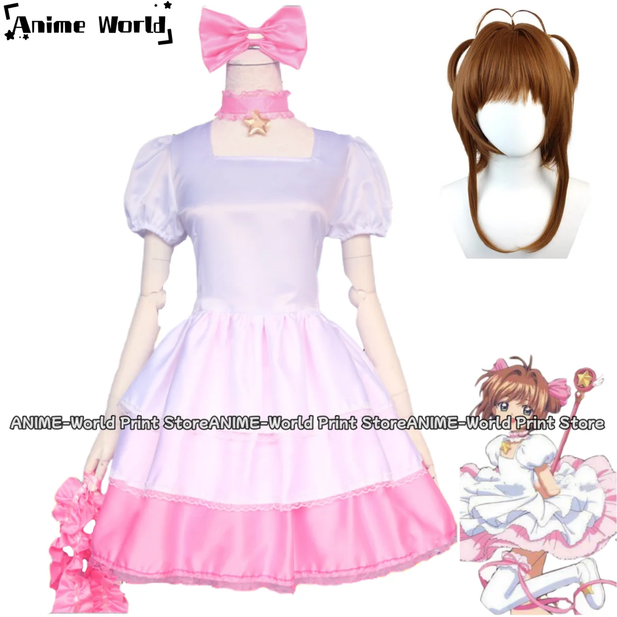 Sakura Cardcaptor Cosplay Anime com Peruca para Mulheres, Kinomoto Sakura, vestido rosa e branco, Lolita, Fato de Aniversário Kawaii