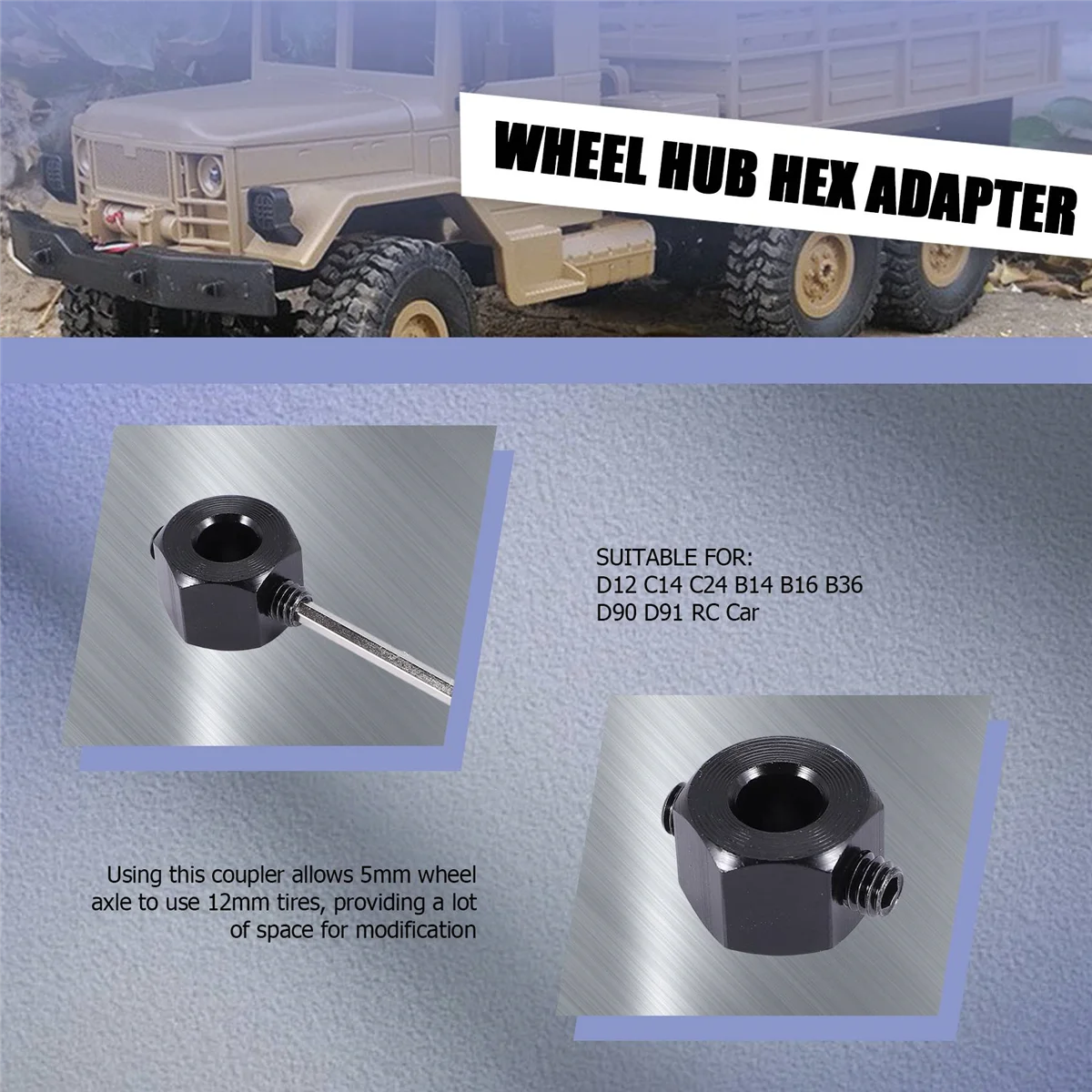 A15M 4PCS 5mm to 12mm Metal Combiner Wheel Hub Hex Adapter for D12 C14 C24 B14 B16 MN D90 D91 RC Car Upgrade Parts,Black