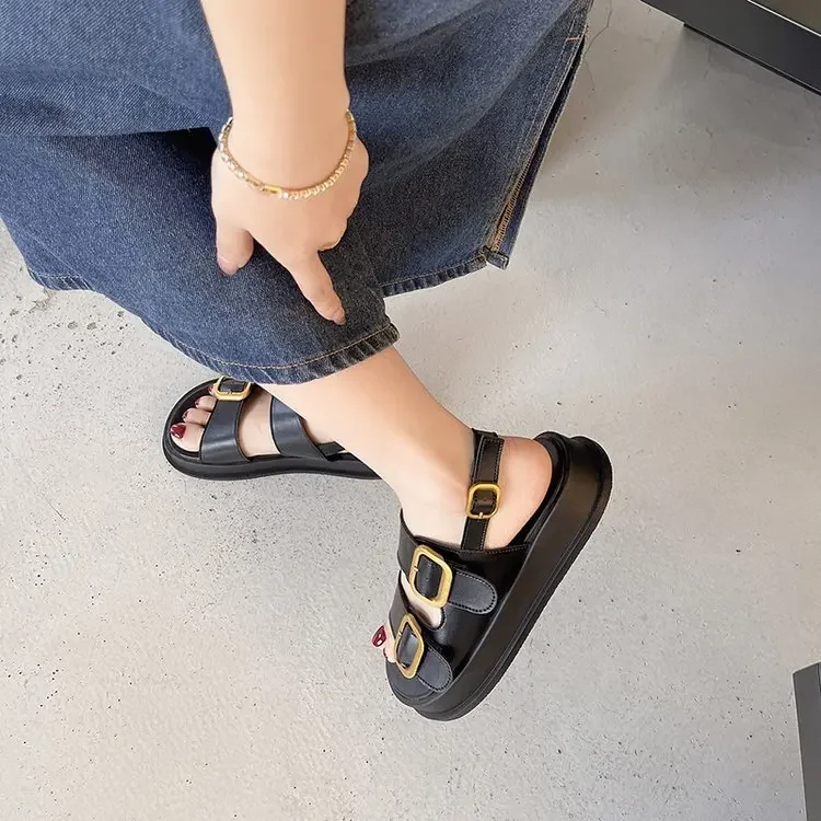 Sandals Women Pin Buckle Platform Shoes Slingback Metal Buckle Thick Bottom Ladies Flat Bottom One Buckle Sandals Platform