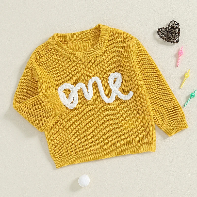 VISgogo 0-18 Months Newborn Girl Boy Sweater Letters Embroidery Warm Knitted Long Sleeves Pullover Infant Casual Knitwear