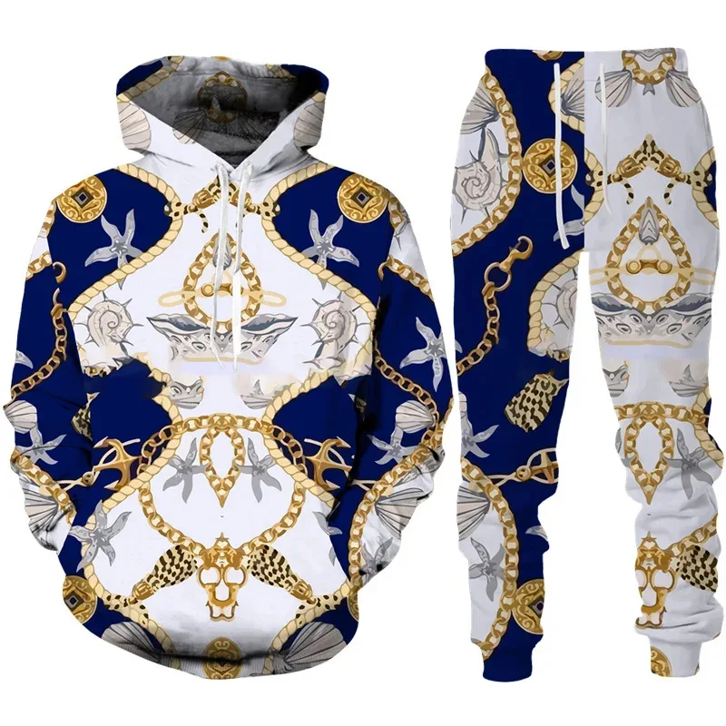 3D Luxury Golden Chain Leopard Print Men\'s Hoodie Suit Casual Unisex Sportswear Pants 2pcs Sets Fashion Hooded Sweatshirt Outfit