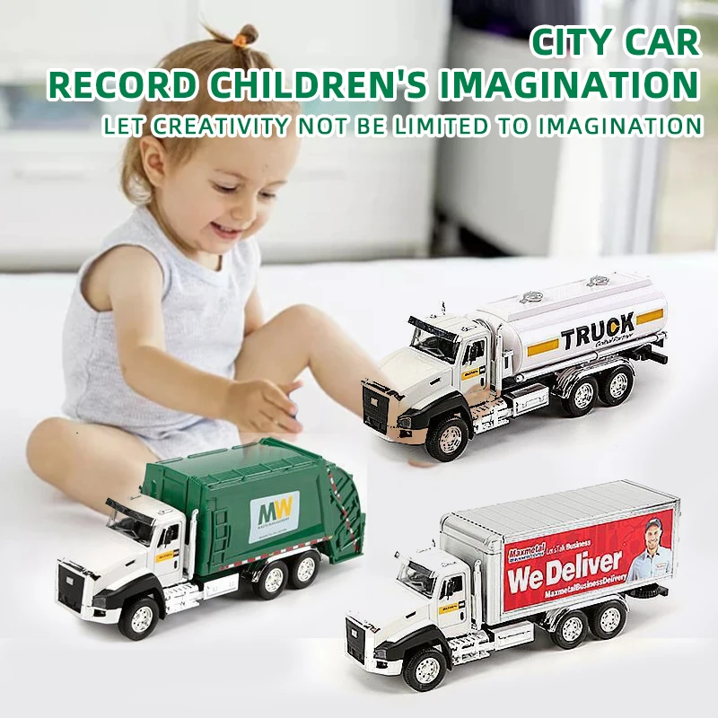 3 Pack of Diecast Sanitation Vehicle Container Truck Oil Tank Truck City Car 1/50 Scale Metal Model Cars Pull Back Car Kids Toys