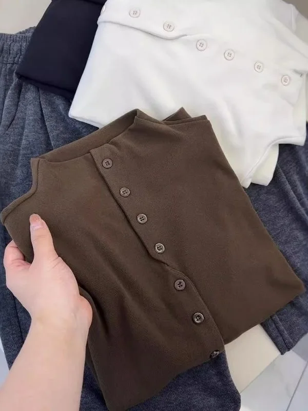 

Женская футболка больших размеров Thiened Fce Long Sve с воротником-стойкой, утягивающая базовая футболка на пуговицах на осень-зиму