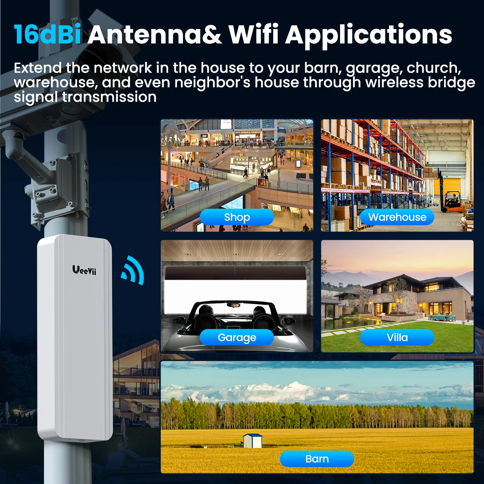 UeeVii CPE850 5.8G 1000Mbps Wireless Bridge 5KM CPE for Extend Network to Outbuildings Barn Shop Garage WIFI Router 16dBi PoE