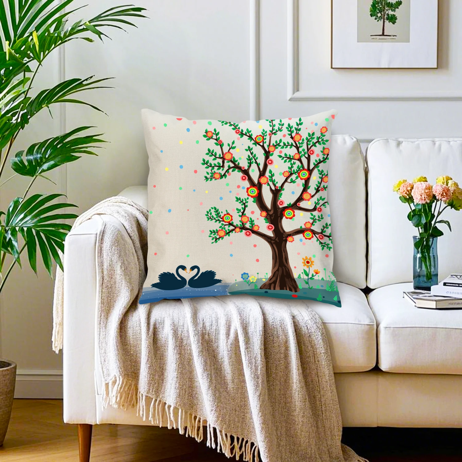 Colorful Tree of Life Linen Cushion Cover Botanical Throw Pillow Case Swans Floral Boho Decor Sofa Patio Living Room Home Accent