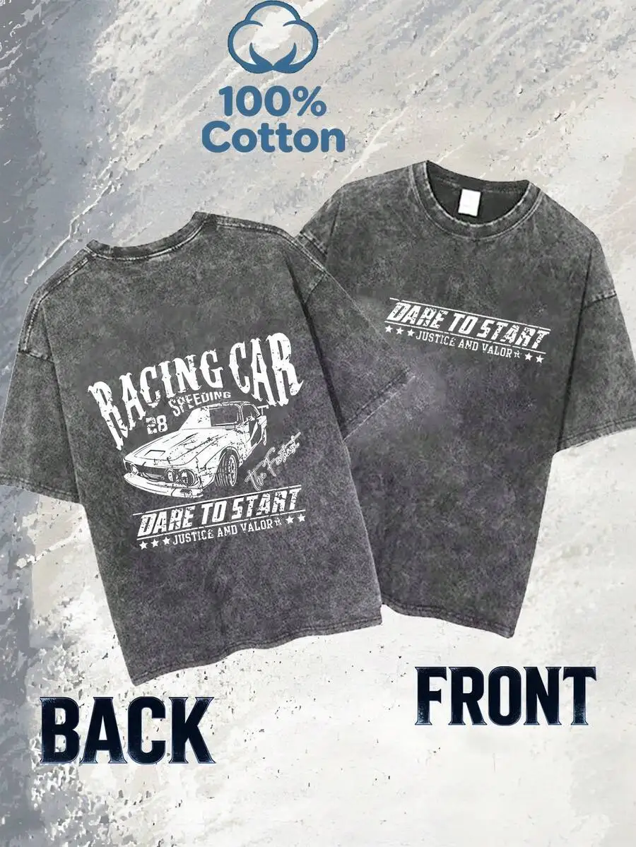 

Mens Acid Wash Racing Car Print T-Shirt 100% Cotton Casual Tee