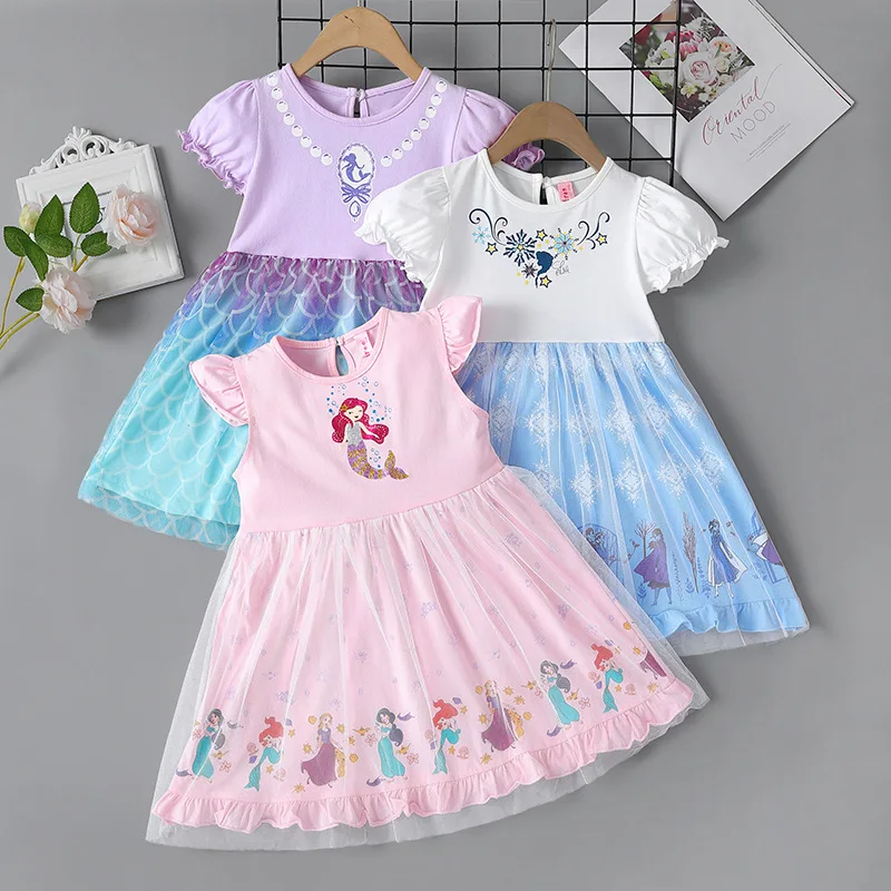 2024 New Disney Ariel Baby Clothes Kids Dresses Princess Party Costume Summer Girls Dress For Children Outfits Clothing 2-8Y