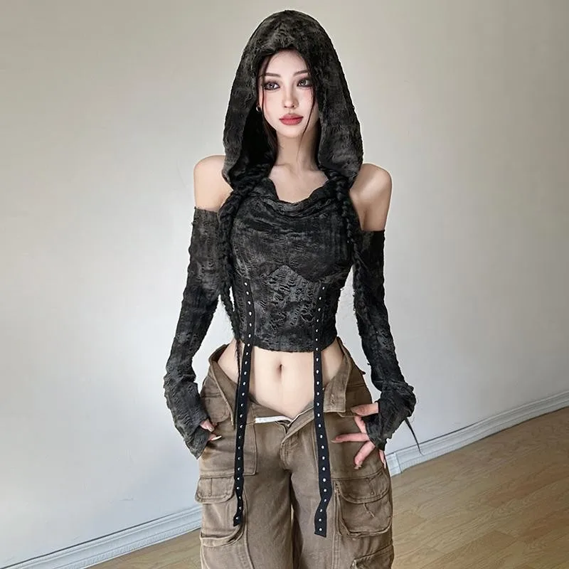 Immagine 4: Top Strappato a Maniche Lunghe, Vestibilità Slim, Fresco e Delizioso, con Cappuccio, T-Shirt Sexy, Pullover, Maglietta Corta per Donne