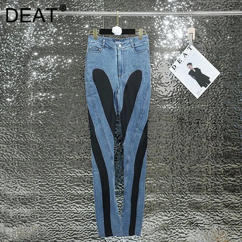 DEAT Fashion Women's Patchwork Contrast Color Jeans Stretch High Waist Split Long Denim Pants Female 2024 Autumn New 1DF2575