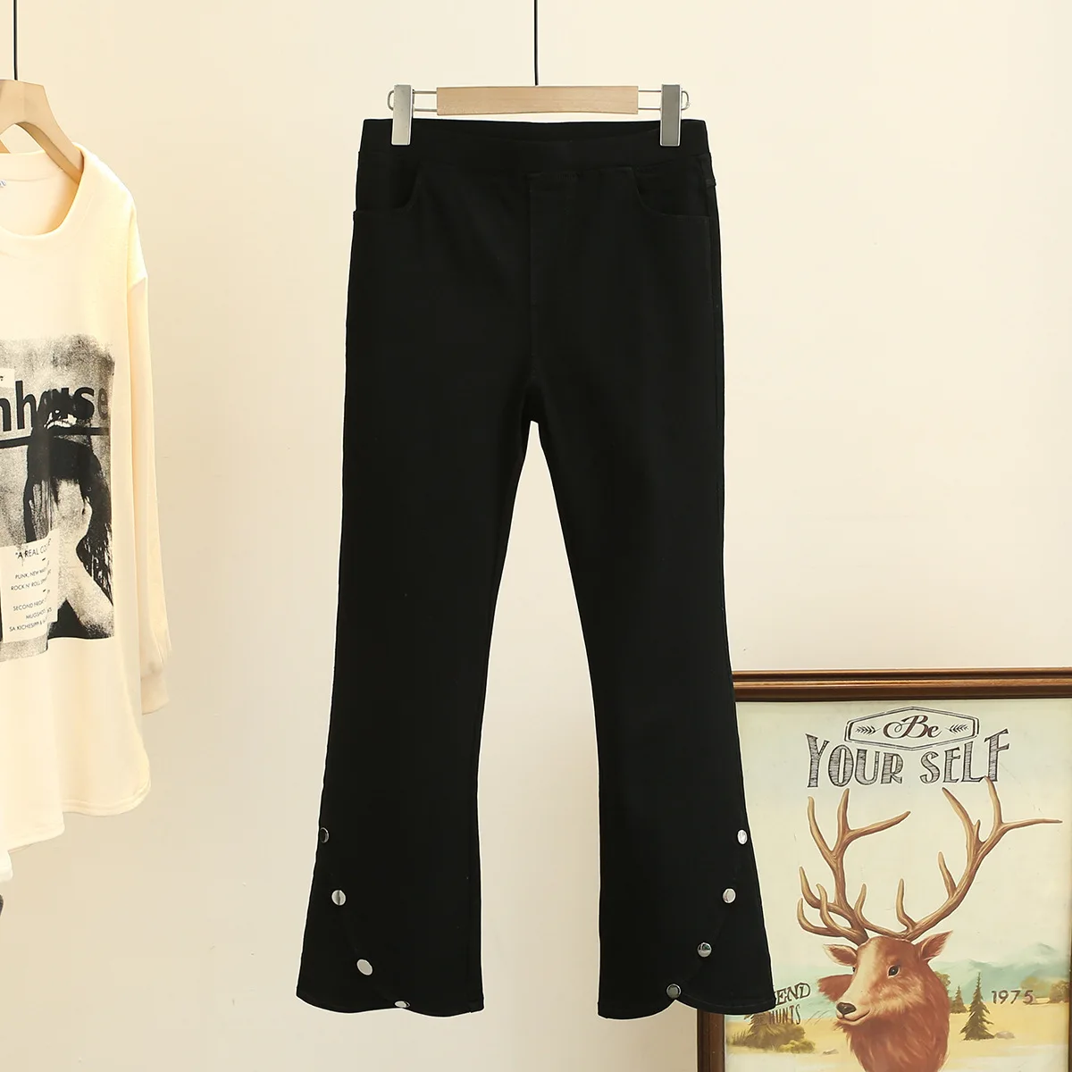 2023 Autumn Clothes Women Flare Pants Plus Size Slim Casual Leg Opening Four Oblique Buttons Black Stretch Bottoms Curve