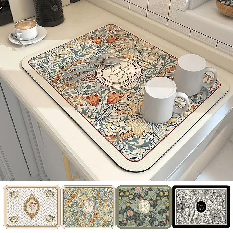 Printed Dish Drying Mat Super Absorbent Coffee Drain Pad Tableware Draining Pad Quick Dry Rug Kitchen Dinnerware Placemat