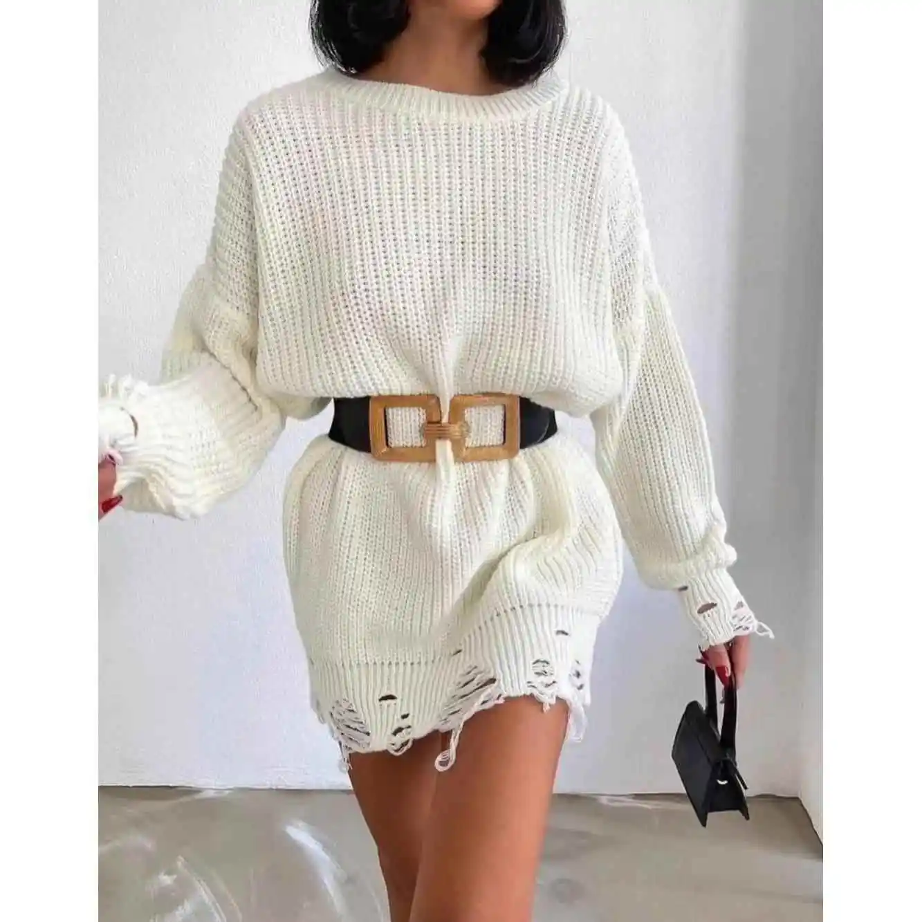 

Long Sweved Knitted Pullover Sweater with Torn Hem Mid-Length Pure Color Polyester Fiber 00% Sve Long Regular Sle