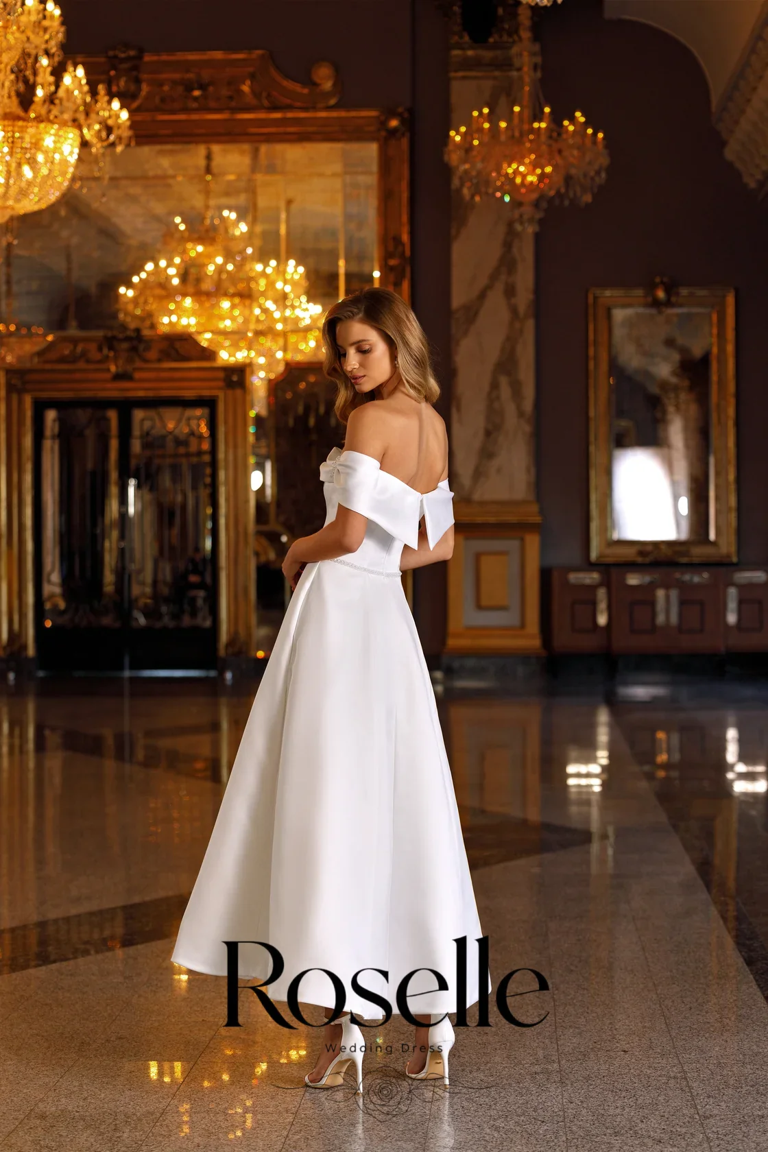 ROSELLE Simple Off Shoulder A-Line Mid-Calf Wedding Dress Beading Open Back Elegant 2026 Bridal Gown Customized свадебное платье