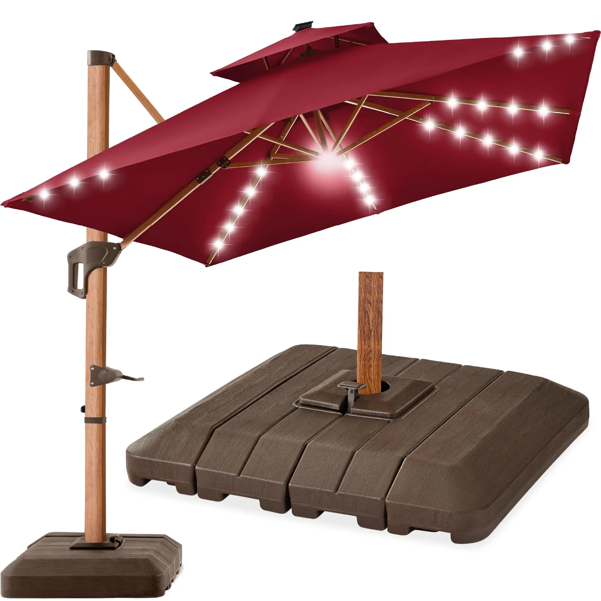 10ft Square Cantilever Patio Umbrella w/Base Included, Woodgrain Pattern Pole & Solar LED Lights, 360-Rotation, Offset