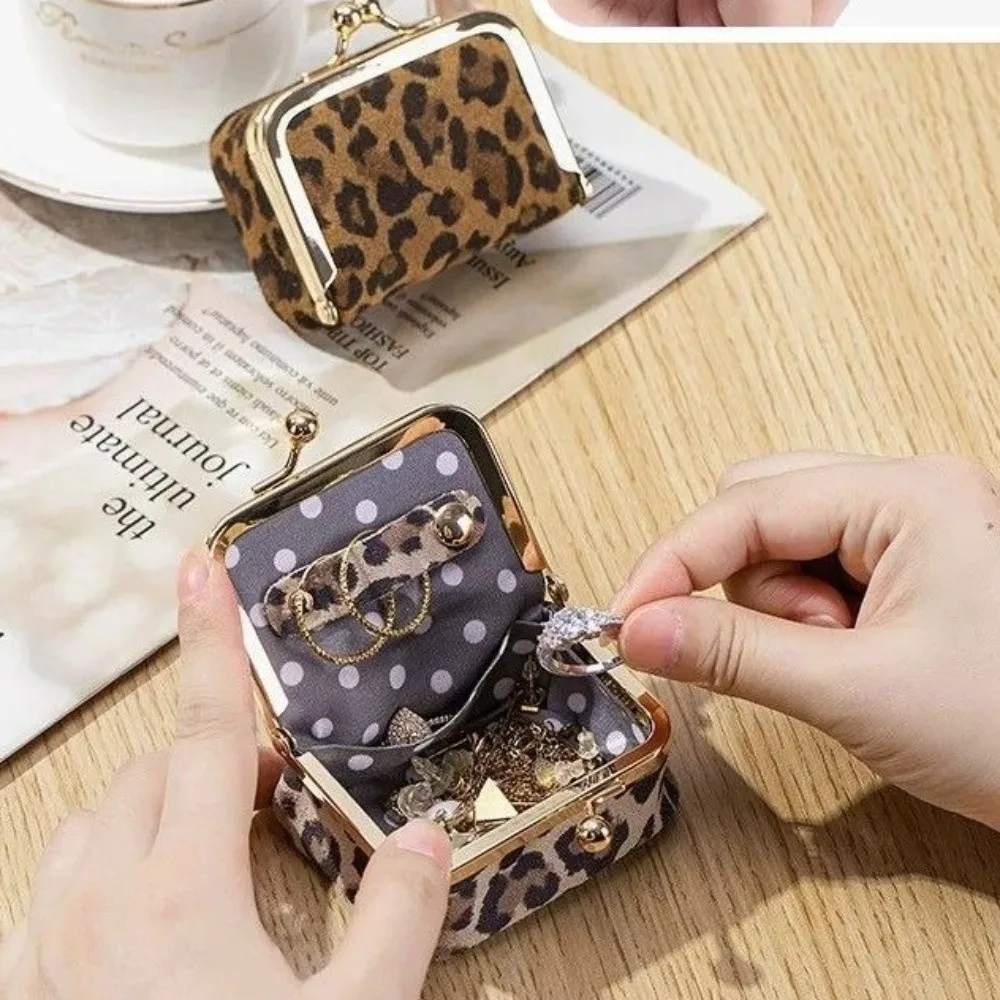 Luxury Leopard Print Kiss Lock Coin Purse PU Leather Square Leather Jewelry Bag Solid Color Mini Small Item Bag Earphone