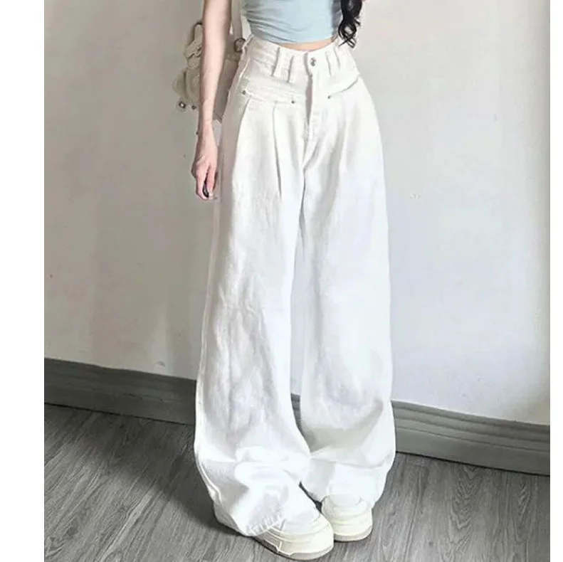 

White Wide Leg Jeans For Women Spring Summer High Waist Loose Casual Straight Denim Pants r48