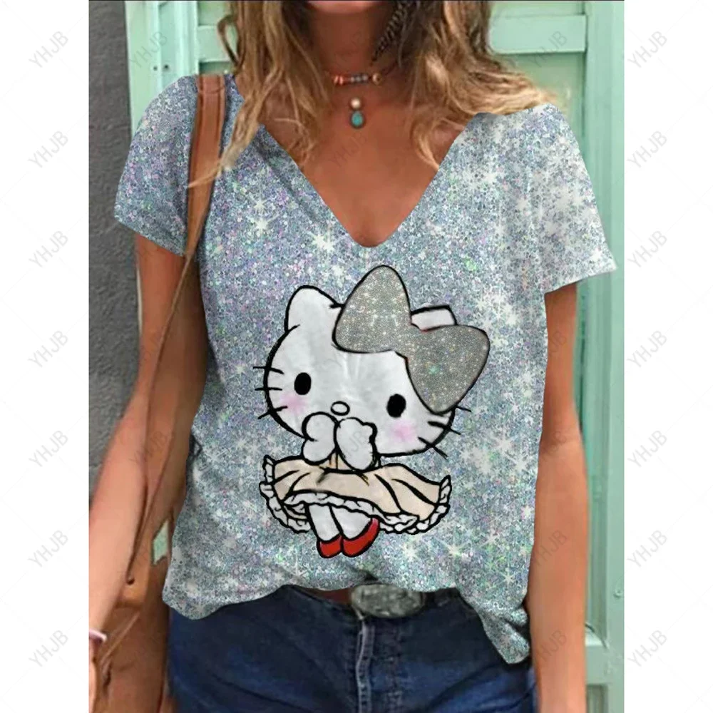 Summer Cartoon T-shirts Pocket Tops Hello Kitty V Neck Woman Clothes Fashion T-shirt Top Women 2025 Comfortable Tees